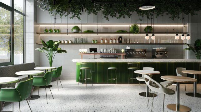 Modern white and green cafe with a chic bar counter setup