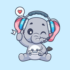 Cute Elephant Gaming Cartoon Vector Icon Illustration