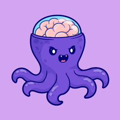 Cute Octopus Monster with Brain Cartoon Vector Icon Illustration