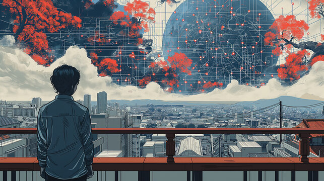A surreal image of a human staring at a massive AI network in the age of digital networks.