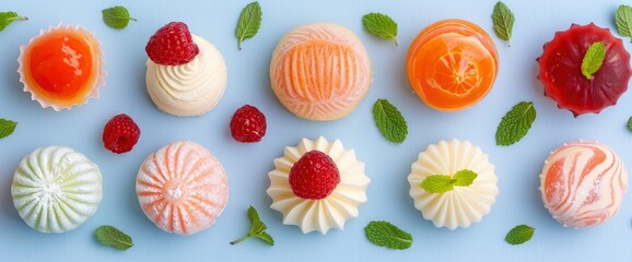 Many Delicious Sweets Falling On A White Background, Creating A Delightful And Colorful Scene