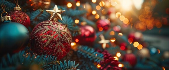 Merry Christmas And Happy New Year Concept With A Beautifully Decorated Christmas Tree, Crowned With A Shining Star On Top