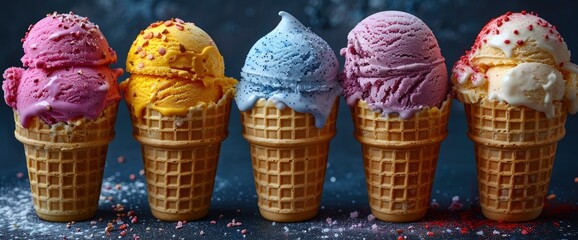 Multicolored Fruit-Flavored Ice Cream Cones Shot From Above On A Gray Background With Copy Space, Looking Enticing And Vibrant