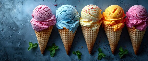 Multicolored Fruit-Flavored Ice Cream Cones Shot From Above On A Gray Background With Copy Space, Looking Enticing And Vibrant
