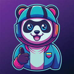 Neon panda avatar vector-style image of a cute panda with a motorcycle helmet gives a thumbs up