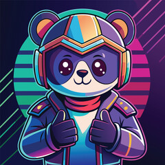 Neon panda avatar vector-style image of a cute panda with a motorcycle helmet gives a thumbs up