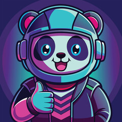 Neon panda avatar vector-style image of a cute panda with a motorcycle helmet gives a thumbs up