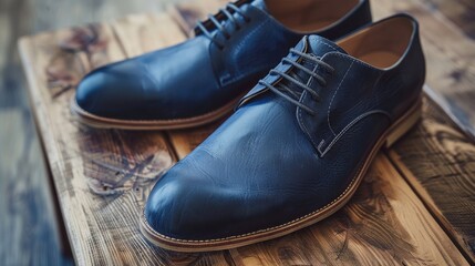 Stylish navy blue men s shoes on wooden surface concept of male footwear space for text