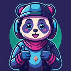 Neon panda avatar vector-style image of a cute panda with a motorcycle helmet gives a thumbs up