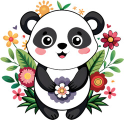 Obraz premium Adorable panda cuddles colorful flowers in charming clipart. 