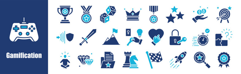 Gamefication icon collection set. Containing design, play, interaction, vector, user, badge,and more. Solid vector icons collection.	