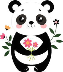 Adorable panda cuddles colorful flowers in charming clipart. 