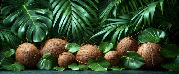 Fototapeta premium Fresh Coconut Fruit And Pandanus Leaves, Vibrant And Green, Bringing A Tropical Feel