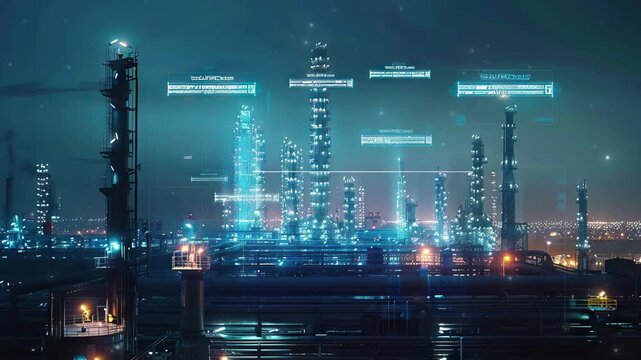 Factory oil refinery with futuristic screen display
