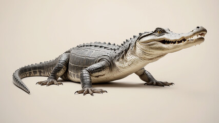 Fototapeta premium realistic alligator isolated on a soft, natural-colored background that mimics its swamp habitat. The alligator is captured in a dynamic pose