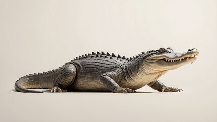 Fototapeta premium realistic alligator isolated on a soft, natural-colored background that mimics its swamp habitat. The alligator is captured in a dynamic pose