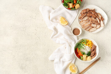 Composition with tasty rice and ingredients on light background
