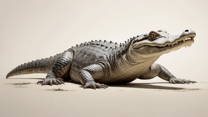 Fototapeta premium realistic alligator isolated on a soft, natural-colored background that mimics its swamp habitat. The alligator is captured in a dynamic pose