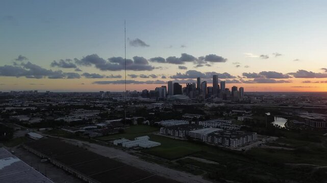 Downtown Houston, Texas during sunset from a drone