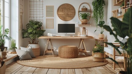 Tranquil Workspace with Zen-inspired Design Featuring Natural Materials and Calming Colors