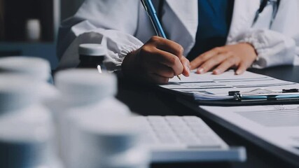 A professional and focused Asian female doctor in scrubs is working and reading medical research on her laptop in her office at a hospital.