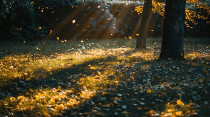 Autumn sunset scene with yellow leaves on grass and tree shadows