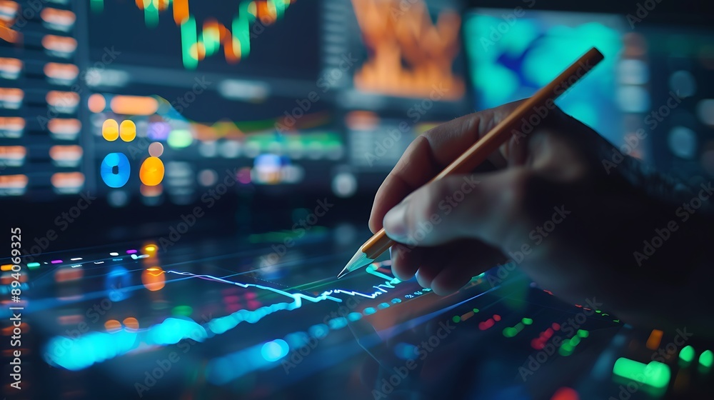 Poster analyzing financial data: a close-up view of stock market analysis