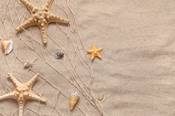 Starfishes, net and seashells on sand as background © Pixel-Shot