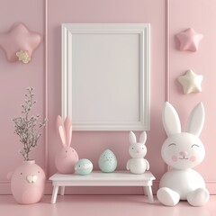 Blank frame mockup with bunny figurines, easter eggs and floral decor against a pink wall. Ideal for spring or Easter promotions.