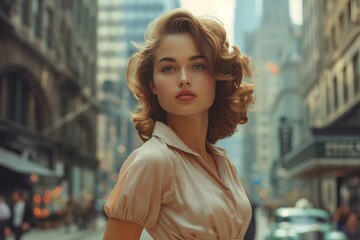 Dynamic portrait of a woman in a stylish 50s