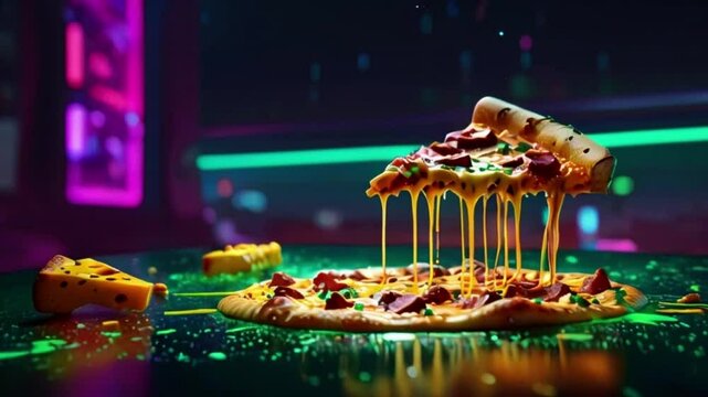 Mouthwatering Pizza Slice:The image features a cheesy pizza slice, fresh out of the oven with gooey cheese strings stretching as it's lifted.Set in a dimly lit pizzeria with neon lights,urban ambiance