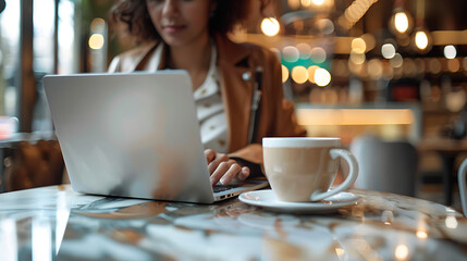 A woman enjoying a cup of coffee while working on her laptop in a modern café setting 