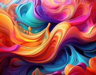 A colorful painting with a rainbow of colors and a wave-like pattern