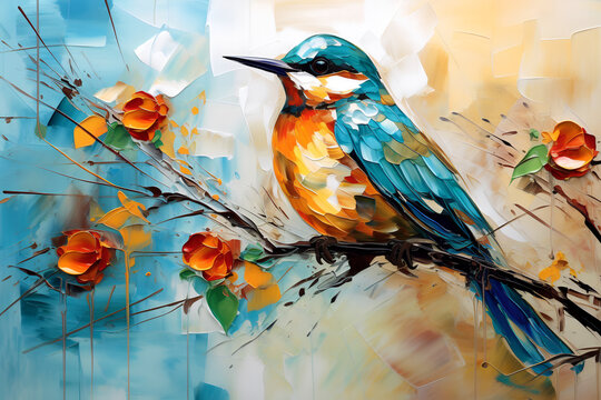 Beautiful tropical bird. Oil painting in impressionism style.