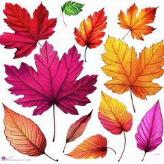 the ai generated image, Collection of Vibrant Fall Leaves in a Spectrum of Colors, isolated on