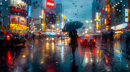 A sharp and vivid image of a person walking with an umbrella in a bustling city during a heavy rainstorm.