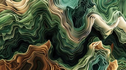 Obraz premium A digital art piece that resembles a topographic map with elevation lines in varying shades of green and brown, creating a three-dimensional landscape effect. 32k, full ultra HD, high resolution