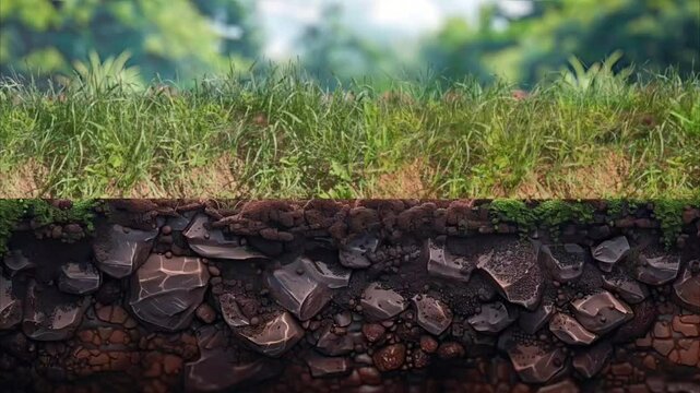 Cross-section of green grass with rich soil layers detailed nature landscape. Environmental concept