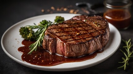 Juicy grill steak with sauce and fries