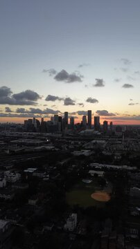 Downtown Houston, Texas during sunset from a drone