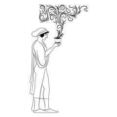 Beautiful standing Ancient Greek woman holding a steaming cup of tea or coffee. Creative ethnic beverage design. Vase painting style. Black and white linear silhouette.