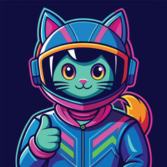 Neon cat avatar vector-style image of a cute cat with a motorcycle helmet gives a thumbs up
