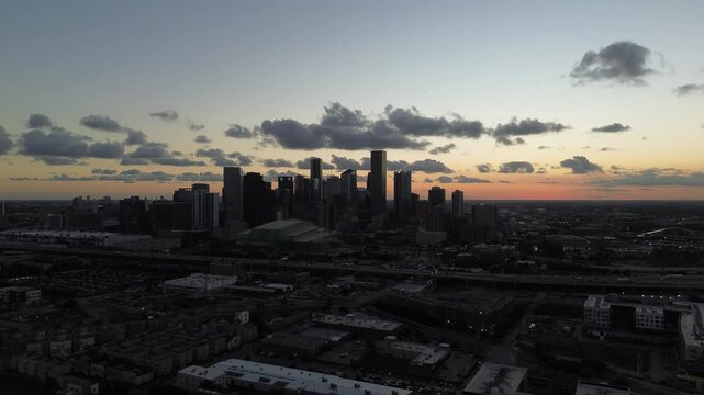 Downtown Houston, Texas during sunset from a drone