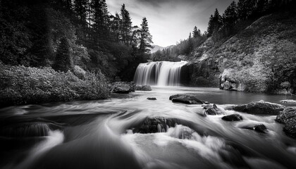 photo of river waterfall landscape with black and white tone color, bnw river photo, monochrome waterfall landscape