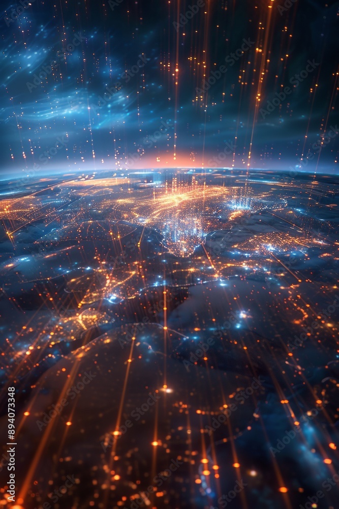 Poster a global map with pulsating beams of light representing major data arteries, converging on cloud hub