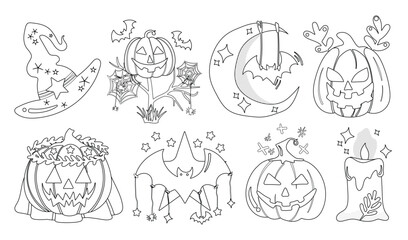Set of isolated Halloween decoration elements for sticker, badge, tag or label in cute graphic illustration style on transparent background, Volume 8: Black outline style.