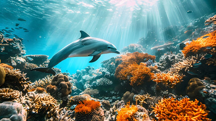 Fototapeta premium A dolphin leaping through vibrant coral reefs, the underwater world illuminated by shafts of sunlight