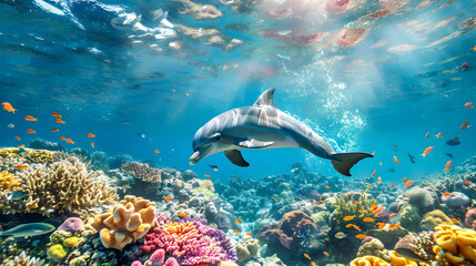 A playful dolphin leaping through vibrant coral reefs under a sunny sky, highlighting the colorful marine life in crystal-clear waters