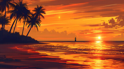 A serene beach at sunset with golden hues, palm trees swaying, and a distant lighthouse illuminating the horizon