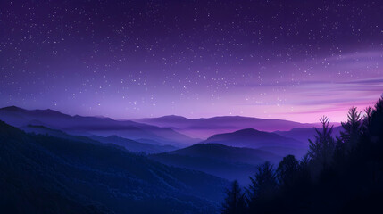 A serene evening over a mountain range with stars beginning to twinkle in the purple sky